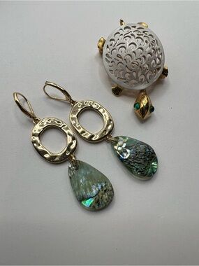 Gold-Tone Abalone Teardrop Earrings / Turtle Brooch